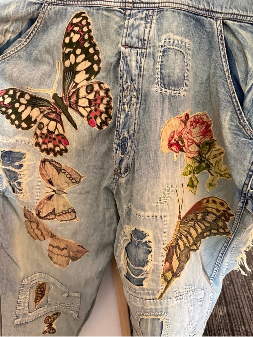 Magnolia Pearl Cotton Denim Appliqué Butterfly Overalls - Picture 12 of 14